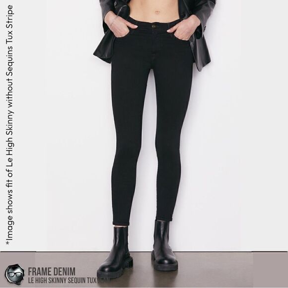 FRAME DENIM LE HIGH SKINNY SEQUIN TUX STRIPE JEAN NOIR BLACK WOMEN’S SIZE 27 NWT - Picture 7 of 16